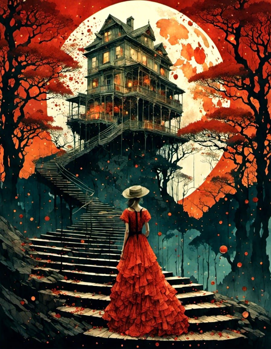 Surreal Staircase to the Mind Under Blood Moon