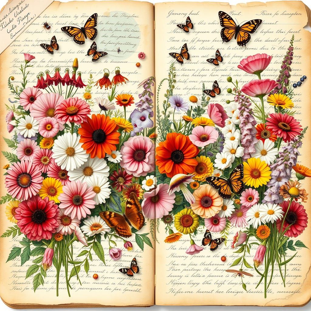 Vibrant Floral Collage in Whimsical Botanical Style