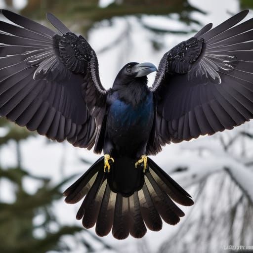 Majestic Raven in Dark Forest: Digital Matte Painting