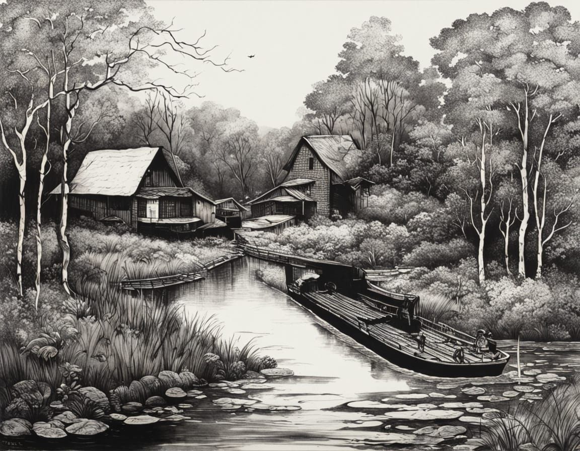 Moody Autumn Mill Scene in Black and White Etching