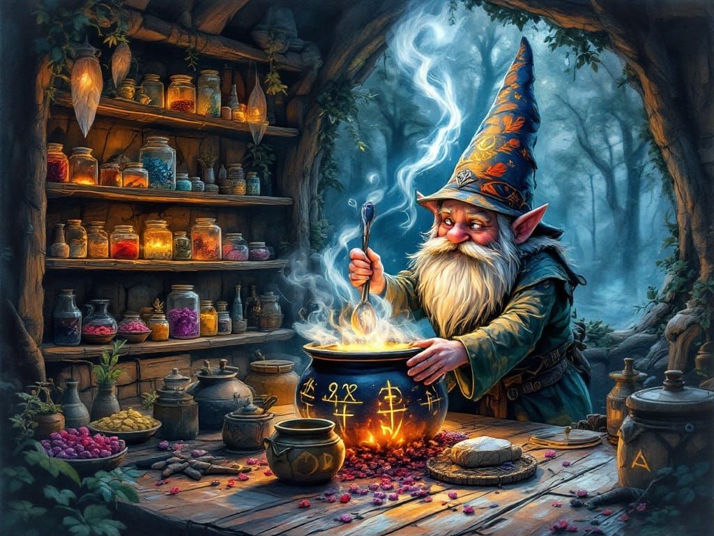 Gnome's Magical Potion in Watercolor Style