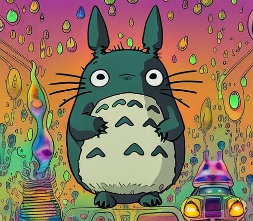 Totoro Rides Catbus in Psychedelic Neon City