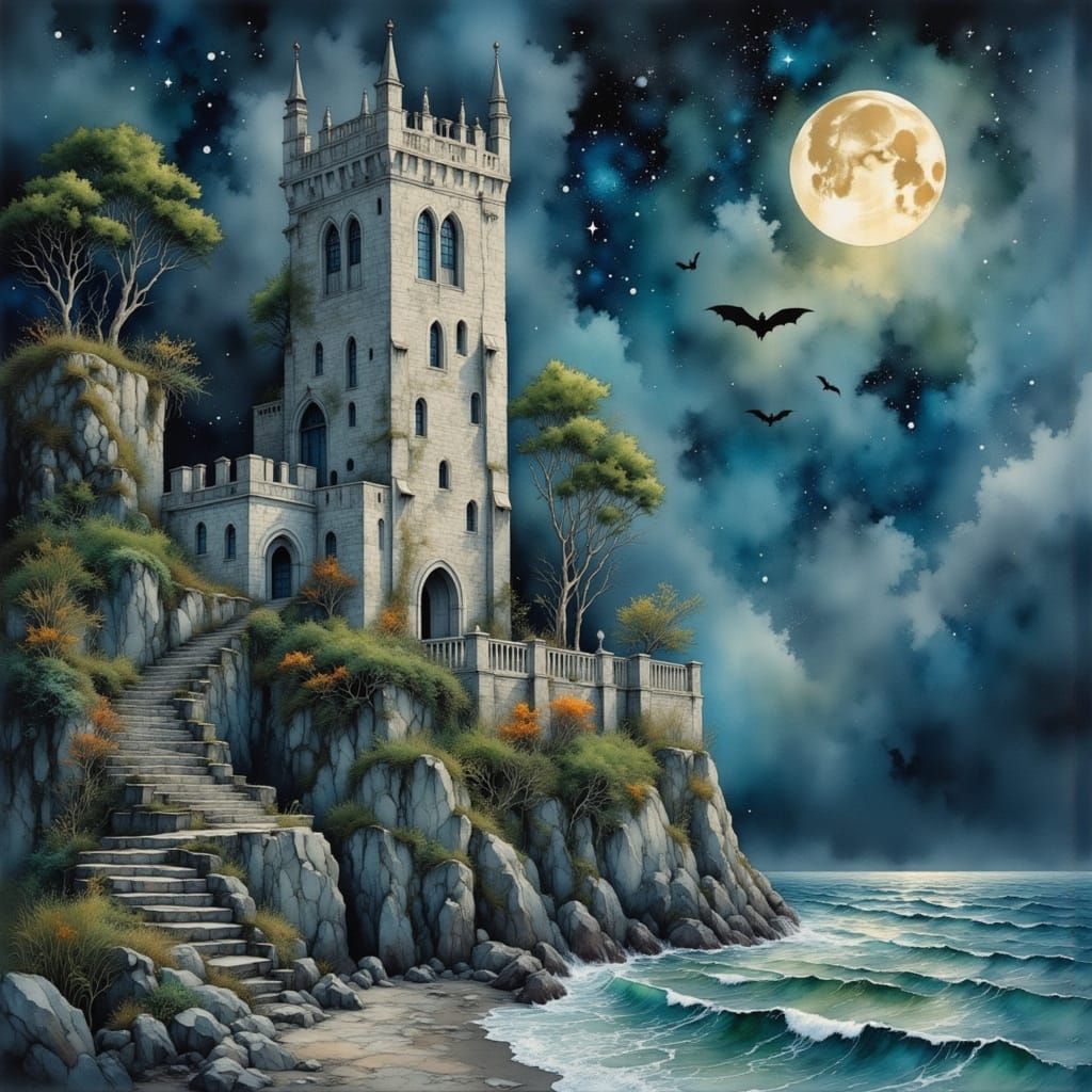 Tim Burtonesque Gothic Castle at Cliff's Edge