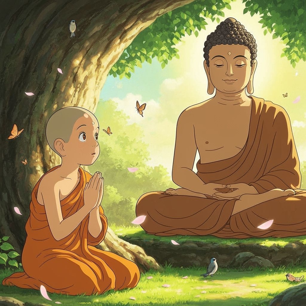 Monk Asks Buddha a Question Under Bodhi Tree, Ghibli Style