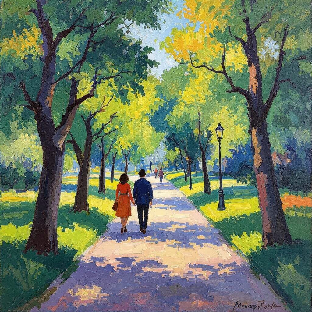 Matisse Style Park Walk: Vibrant Oil Painting