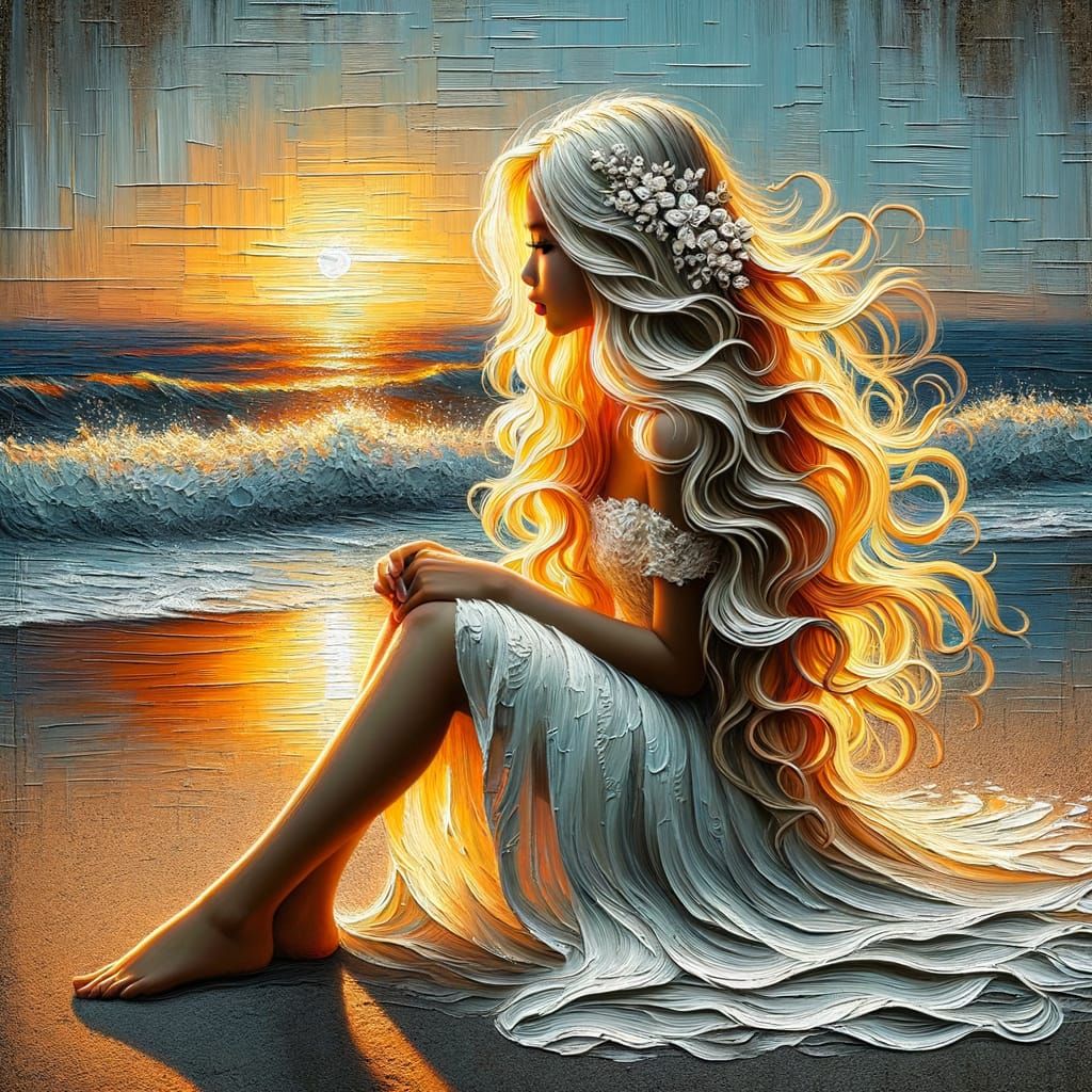Blonde Teen in Serene Sunset Scene with White Dress and Flow...