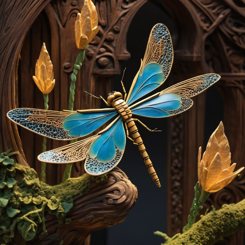 Detailed 3D Dragonfly Wood Carving