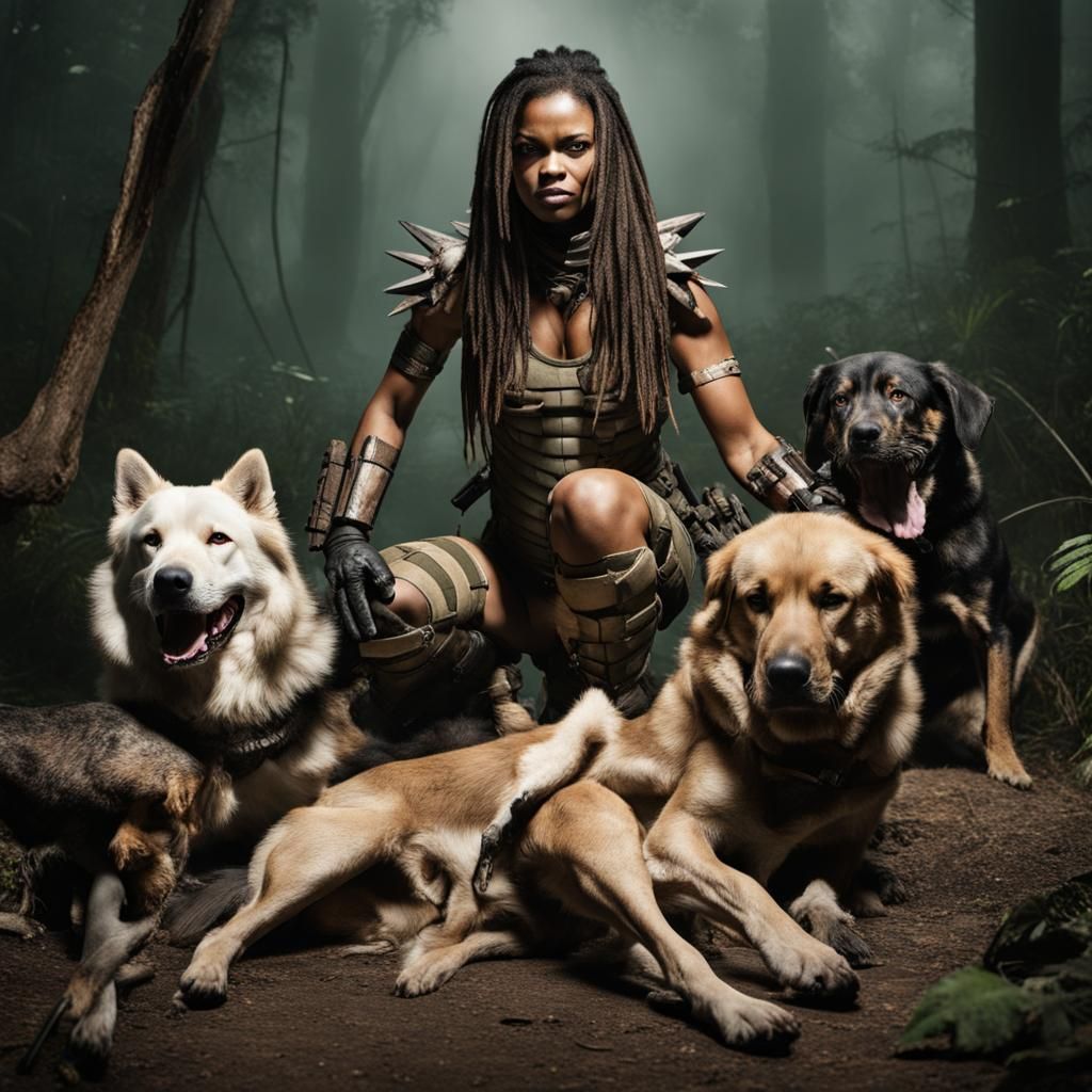 Female Predator with Dogs in Natural Setting