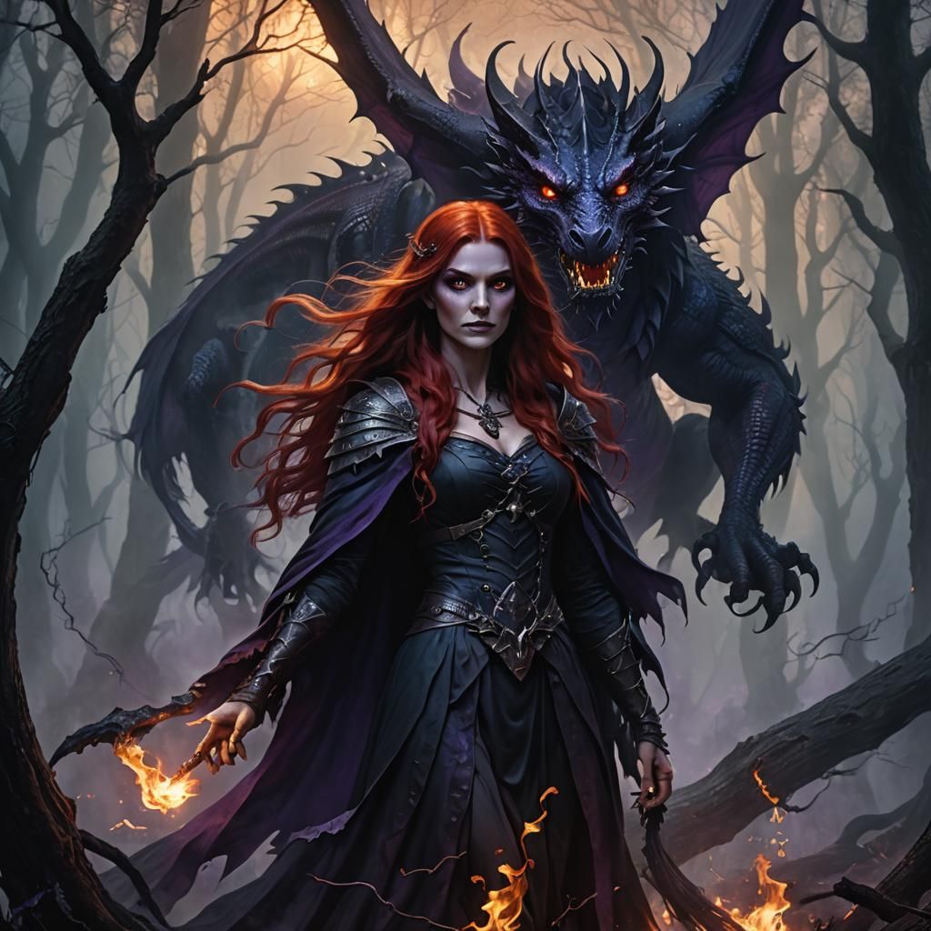 Dark Witch with Fire Dragon in Misty Forest
