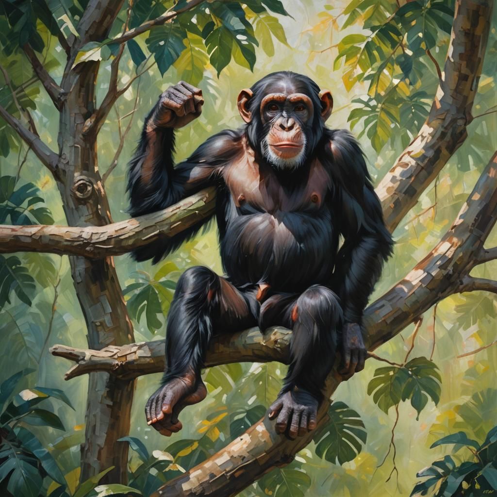Chimpanzee Resting: Impressionist Wildlife Painting