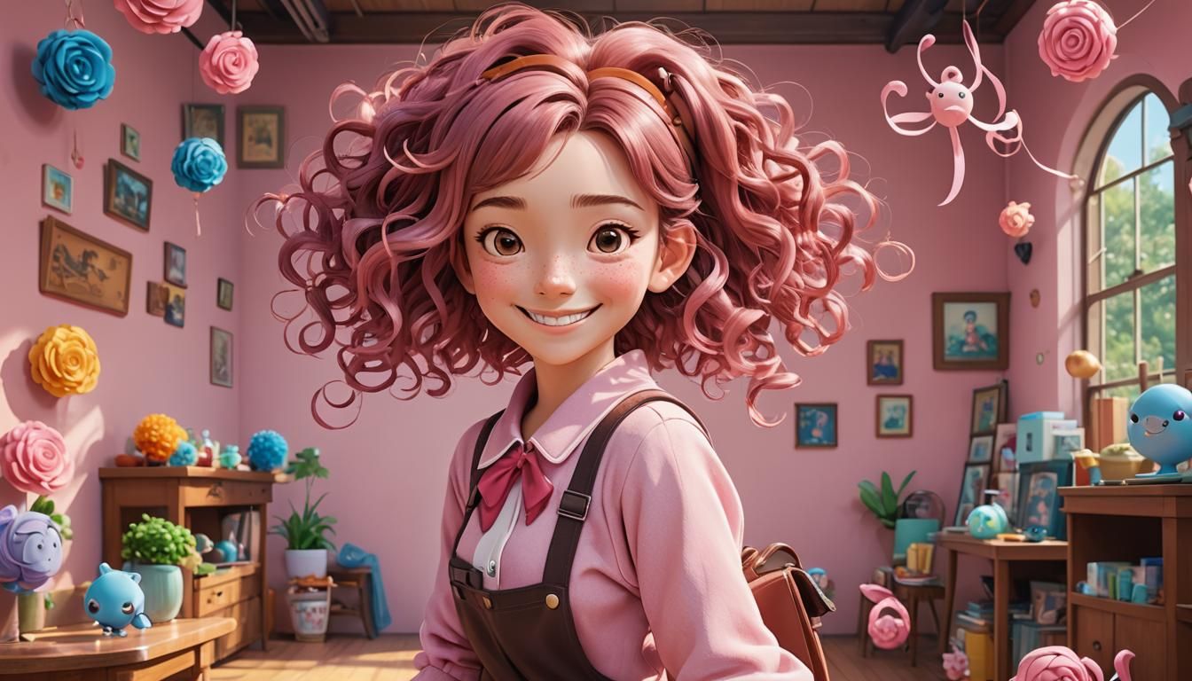 Smiling Girl with Pink Hair, Ghibli-Style Cartoon