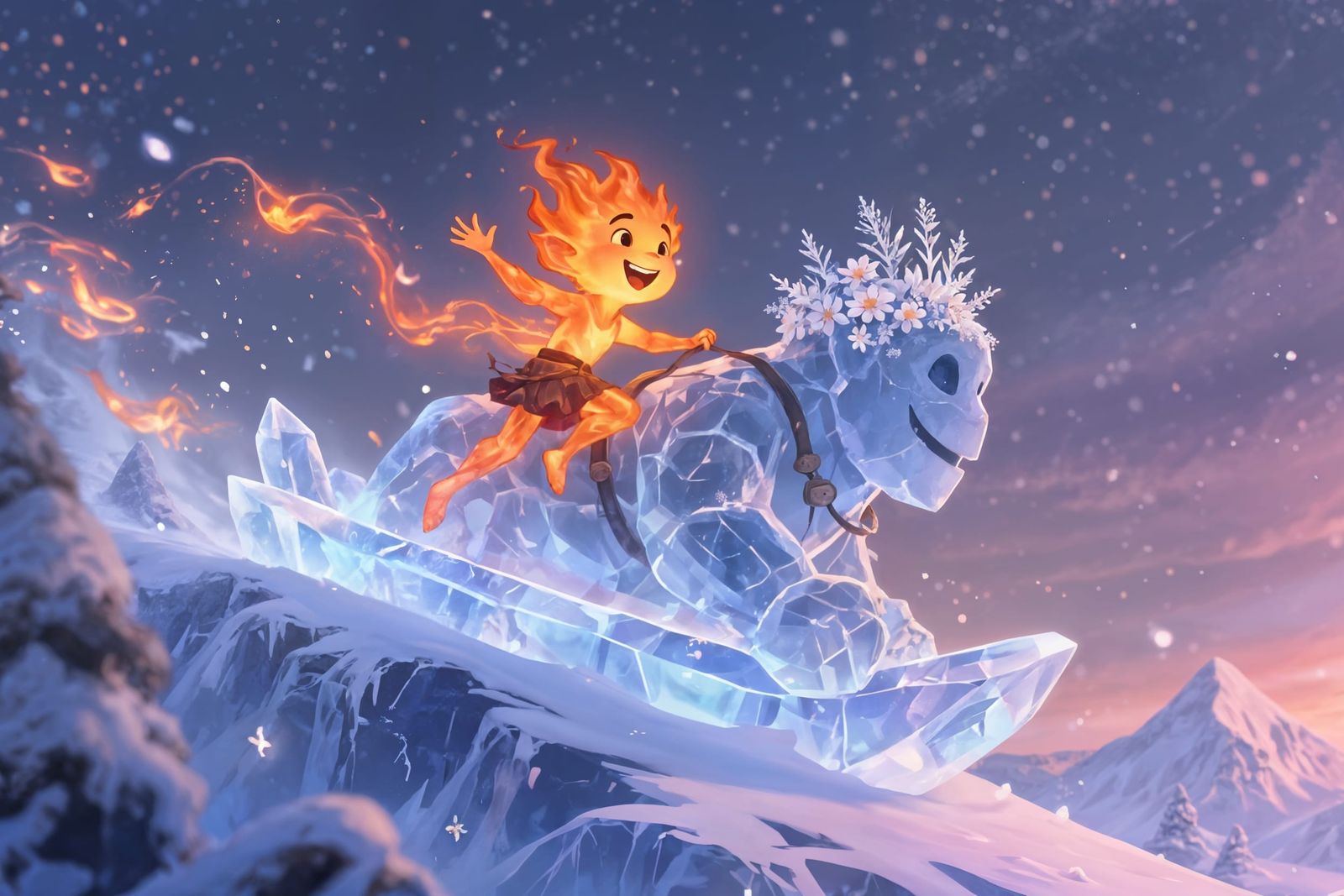 Fire Sprite Rides Snow Golem Down Magical Mountain