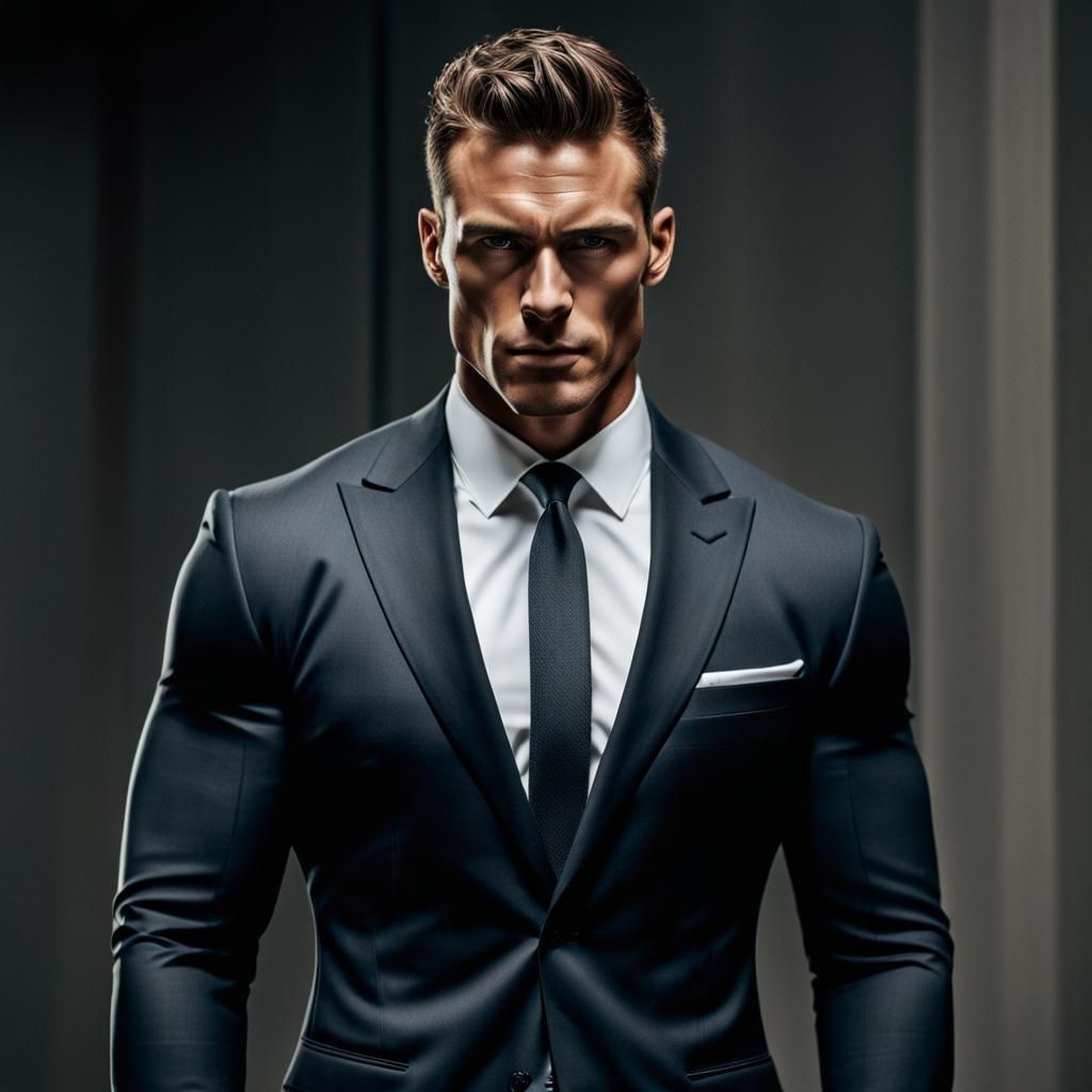 Muscular Man in Dark Suit Showcasing Physique