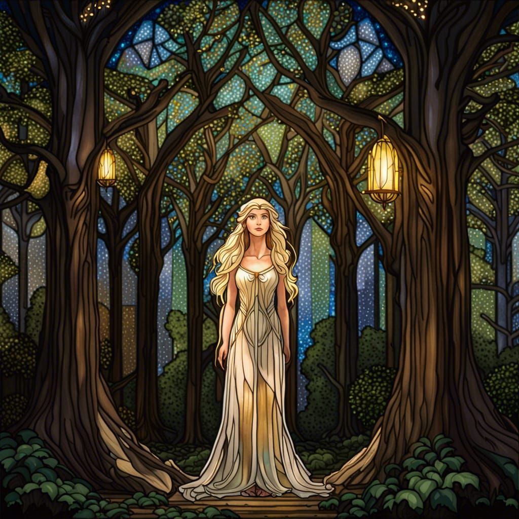 Lothlorien: Giant Mallorn Trees and Elves in Stained Glass