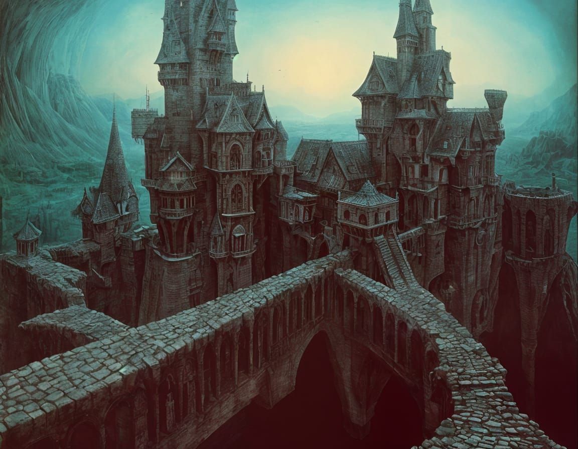Surreal Castle with Drawbridges in Dreamlike Landscape