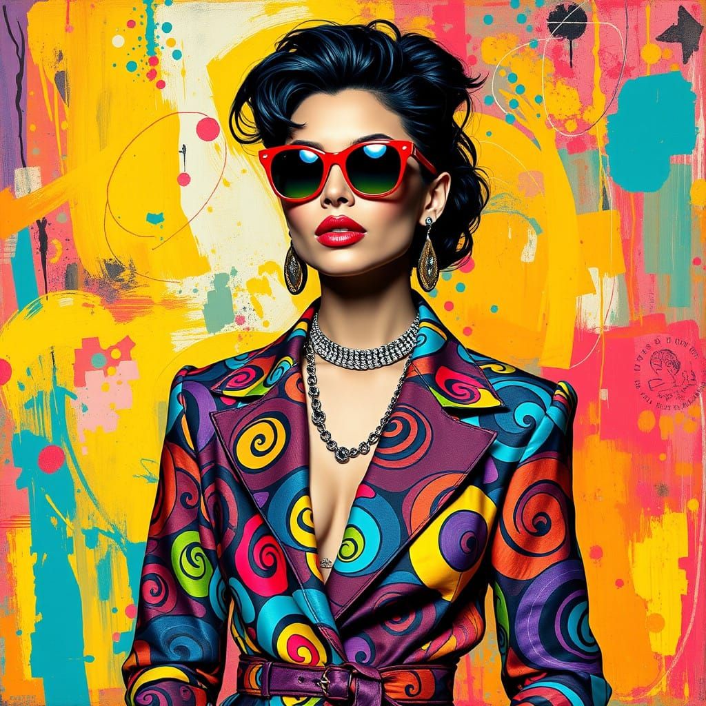 Vibrant Pop Art Portrait with Bold Patterns and Bright Color...