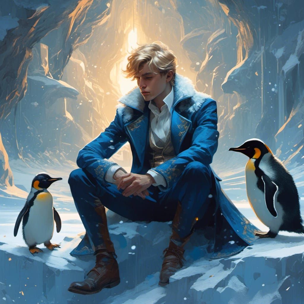 Icy Throne: Prince with Penguins, Digital Art