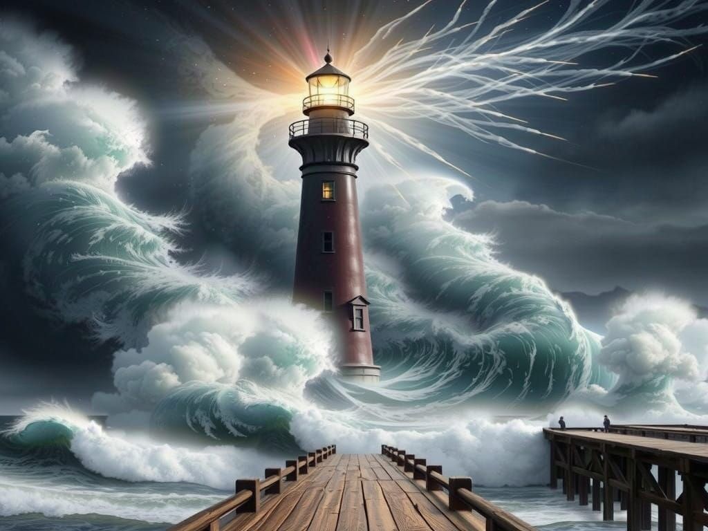 Lighthouse in Turbulent Winter Storm