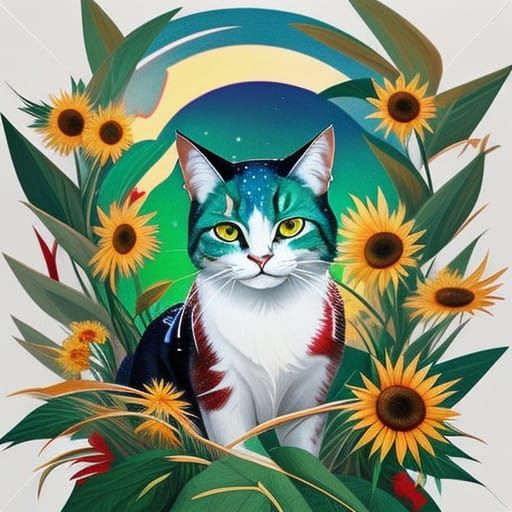 Surreal Cat Basks in Sunshine Amidst Vibrant Sunflowers