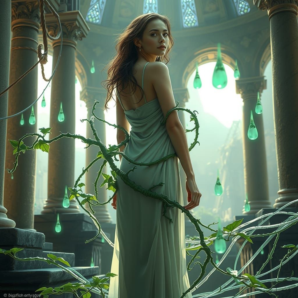 Surreal Biomechanical Goddess in Emerald Glow