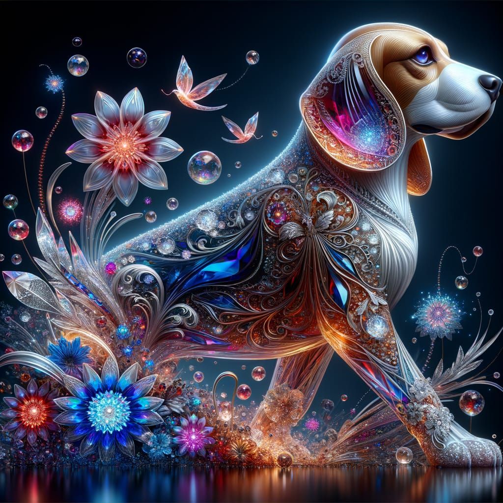 Vermilion Crystal Beagle with Bioluminescent Flowers