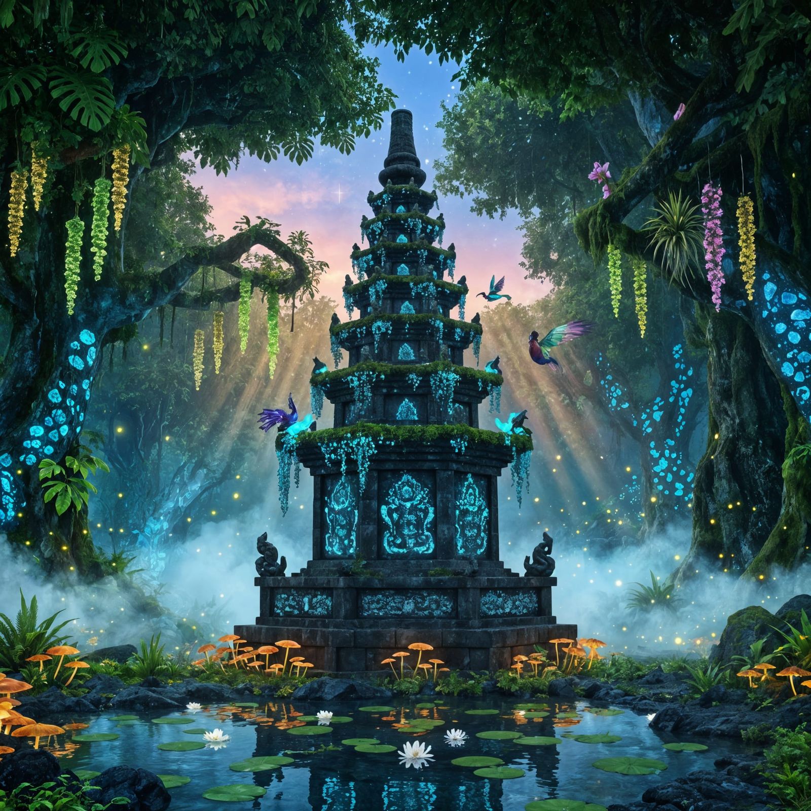 Bioluminescent Rainforest Pagoda at Twilight CGI Render