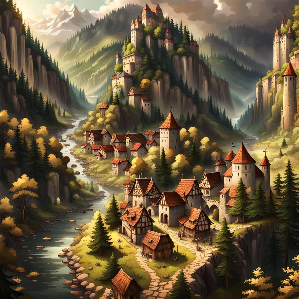 Medieval Forest Town by River in Valley