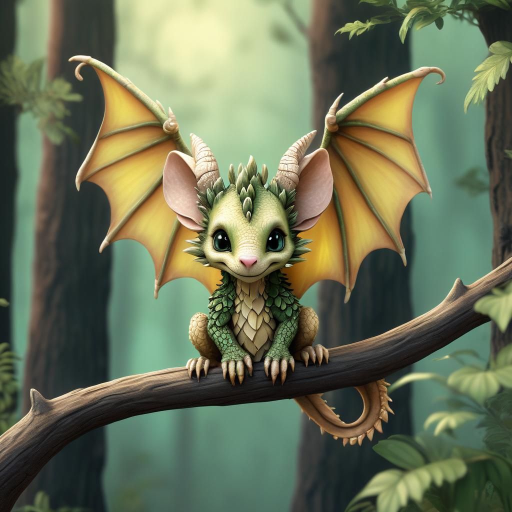 Whimsical Mouse Dragon on Branch: Pastel Anime Art