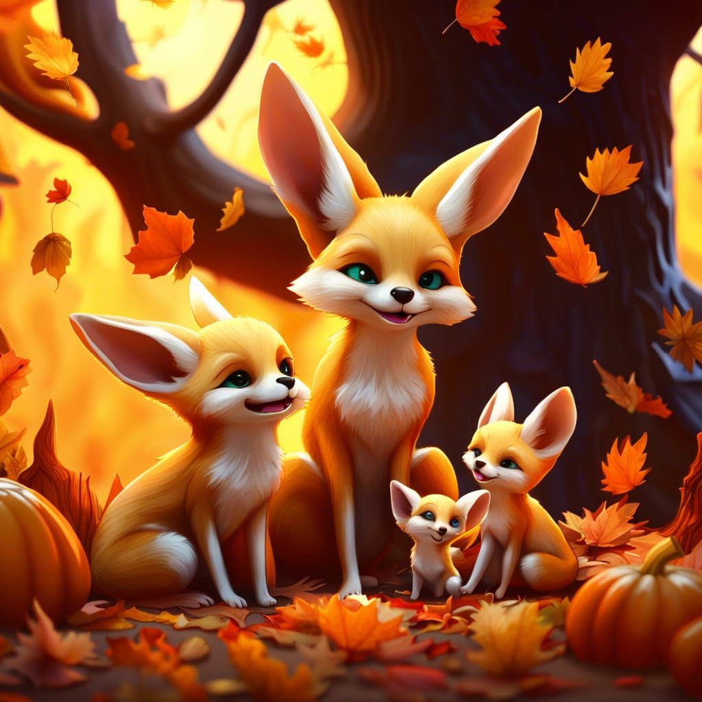 Fennec Fox Family Thanksgiving in Detailed Digital Painting