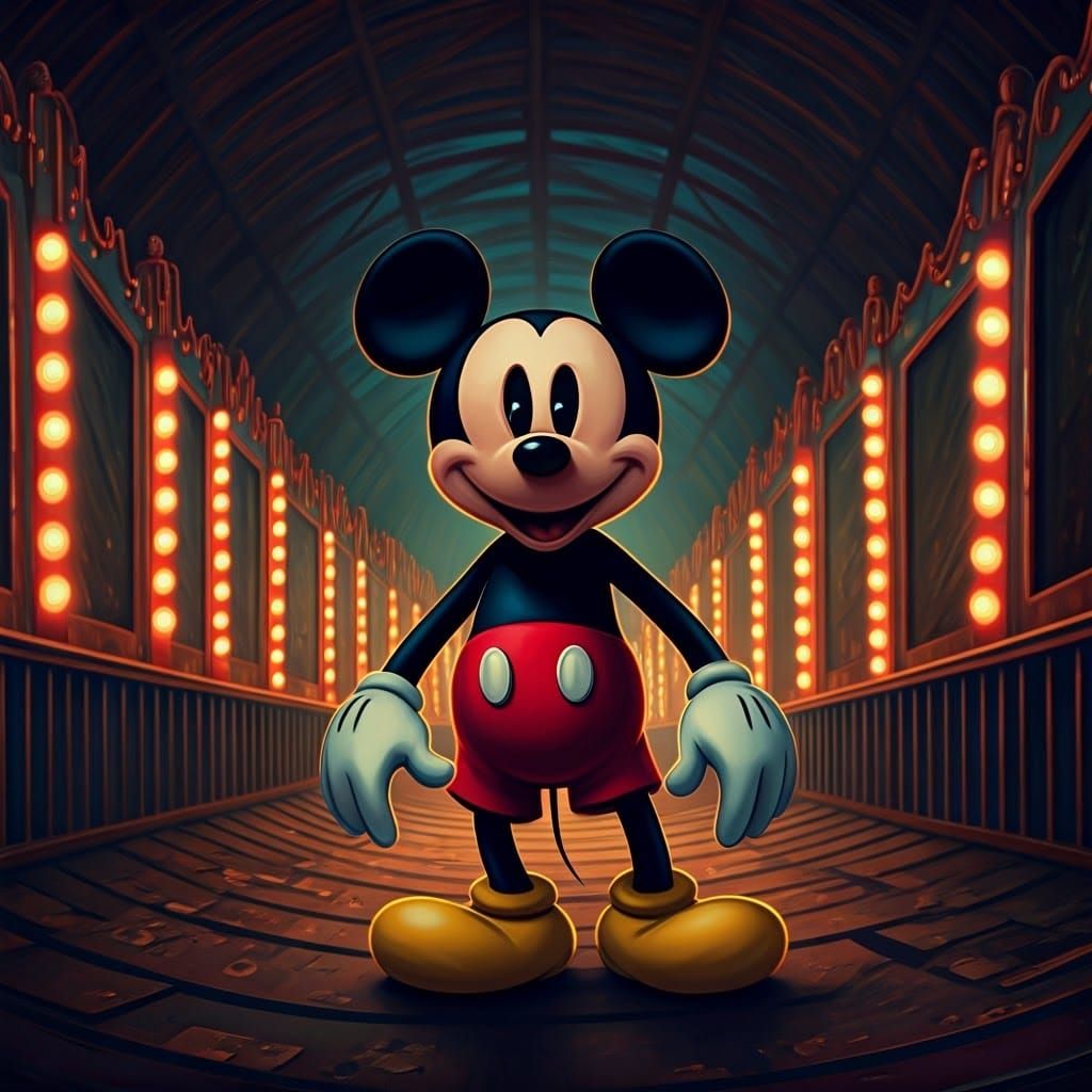 Eerie Mickey Mouse in Abandoned Carnival: Digital Art