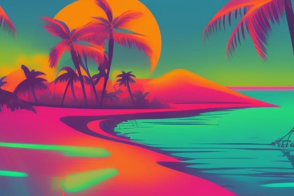 Neon Retro Synthwave Tropical Island Scene