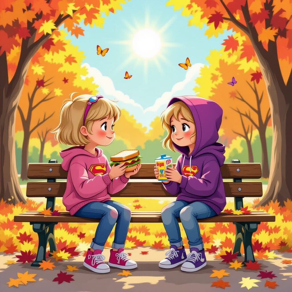 Children Sharing Lunch in Autumn Park