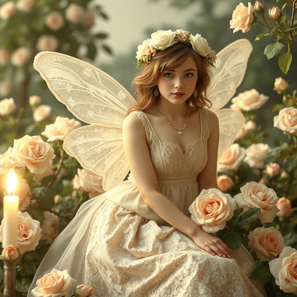 Vintage Flower Fairy with Rose Wings in Golden Light