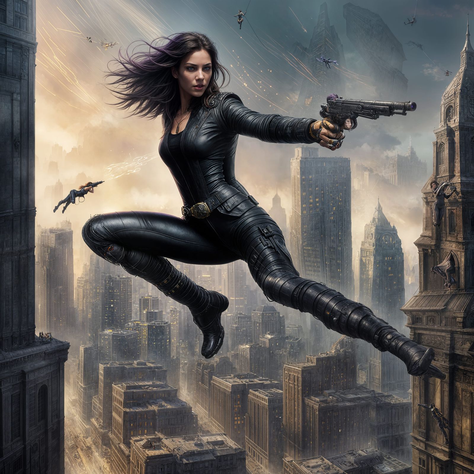Dynamic Dark Fantasy Woman Leaping with Gun