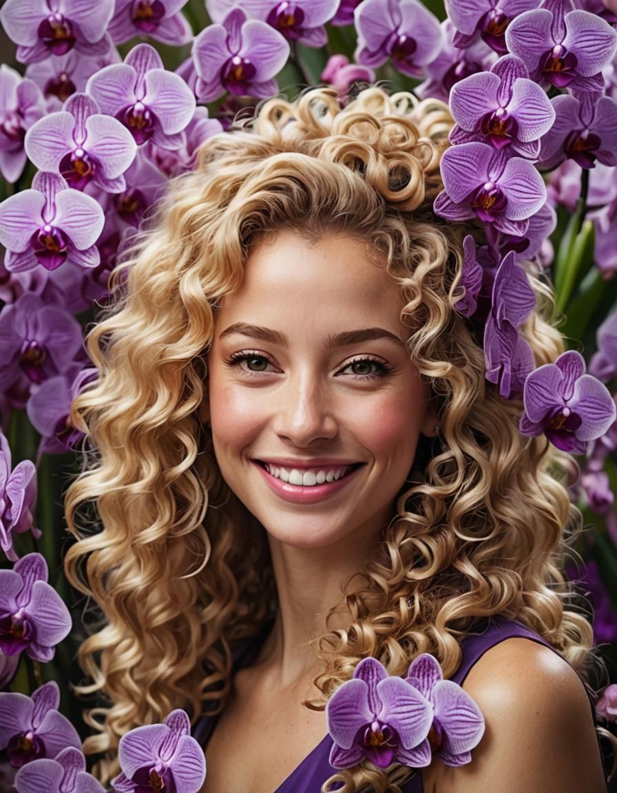 Smiling Blonde Woman Among Purple Orchids