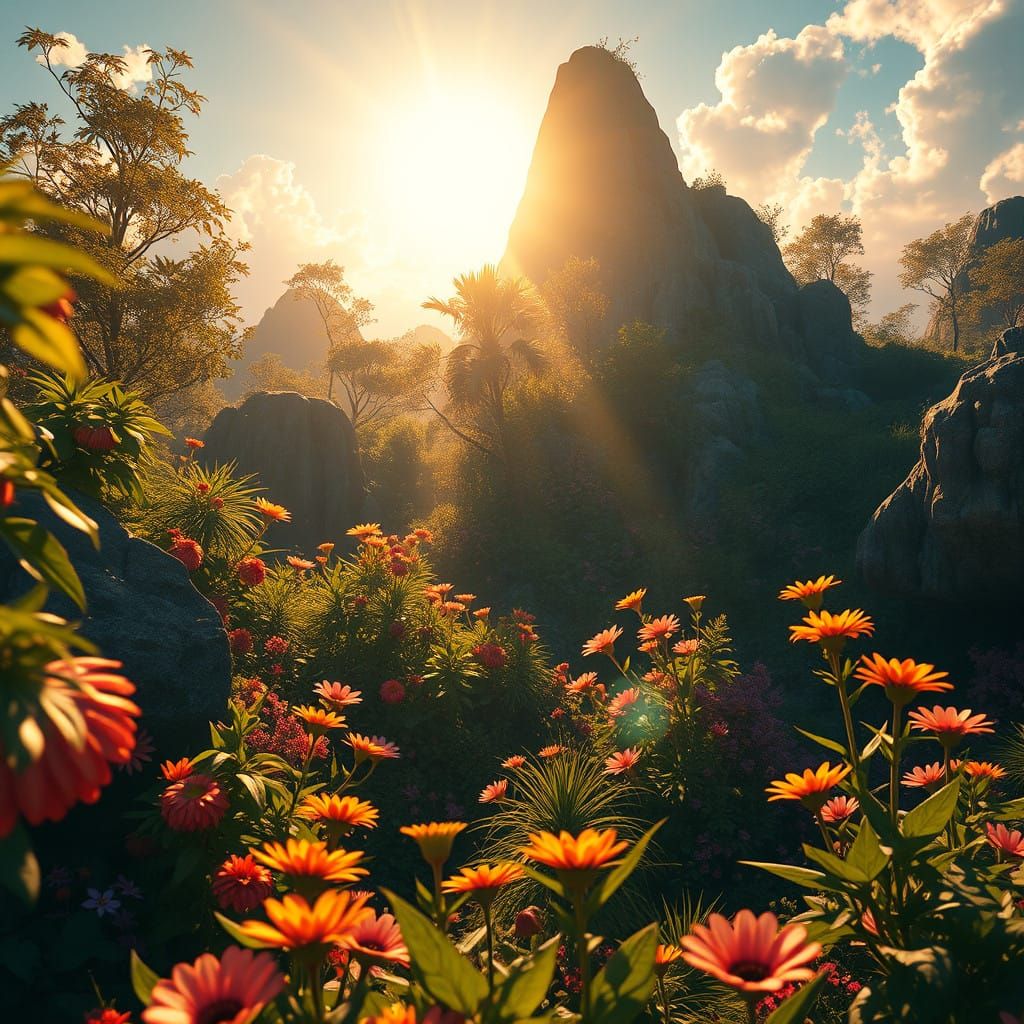 Vibrant Sunny Oasis in Dreamlike Landscape