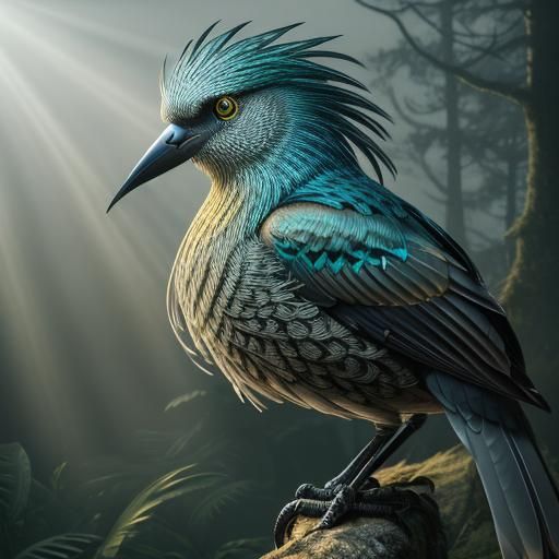 Hyperrealistic Metal Bird in Misty Forest