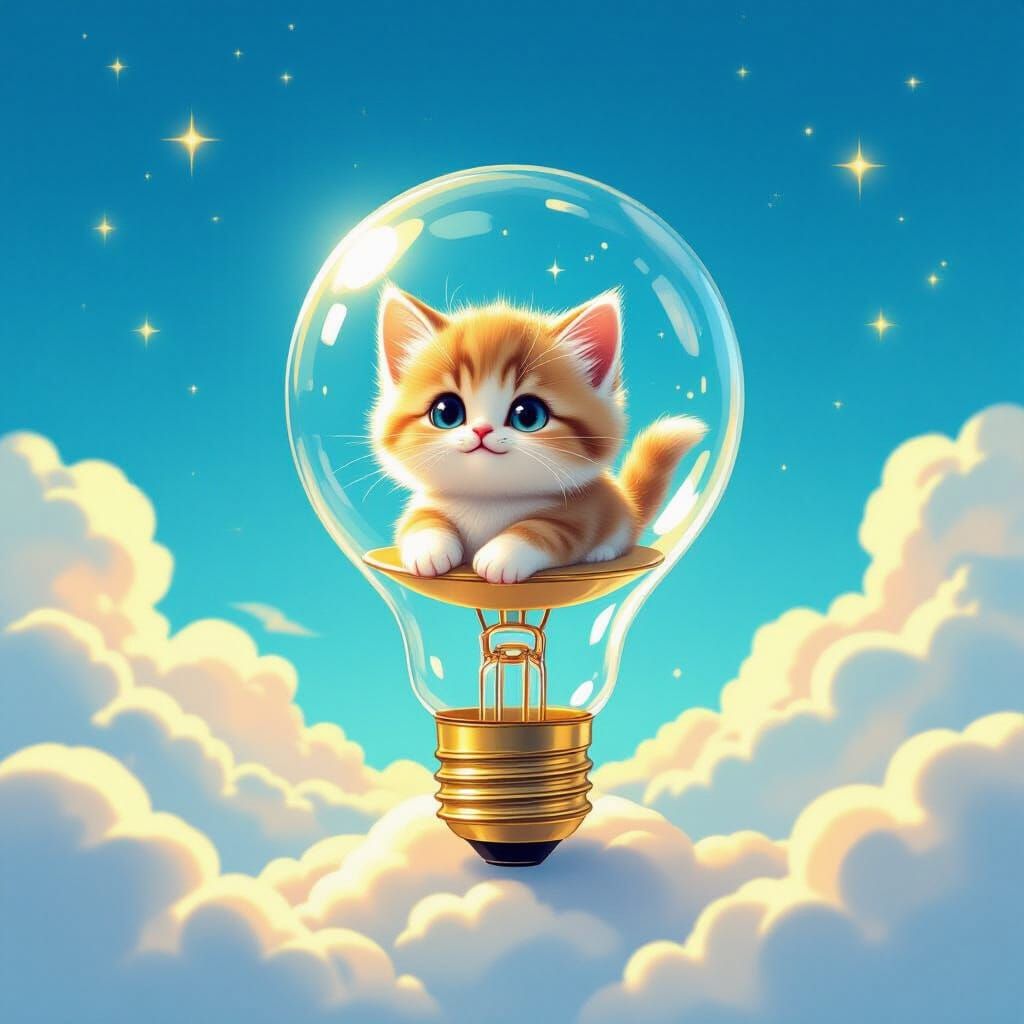 Cute Kitten Inside Light Bulb on Blue Sky