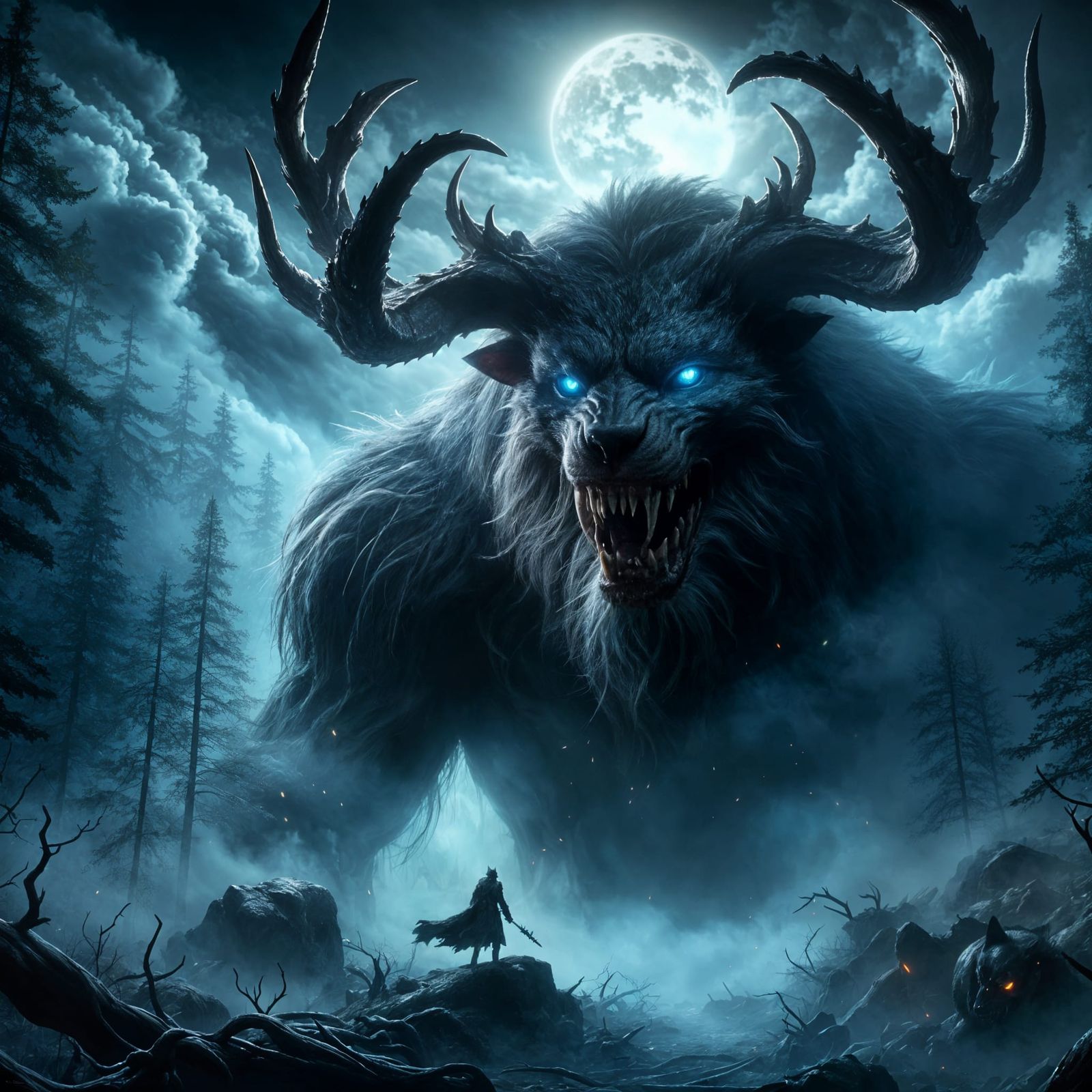 Dark Fantasy Battle Between Man and Monster Under Moonlit Ni...