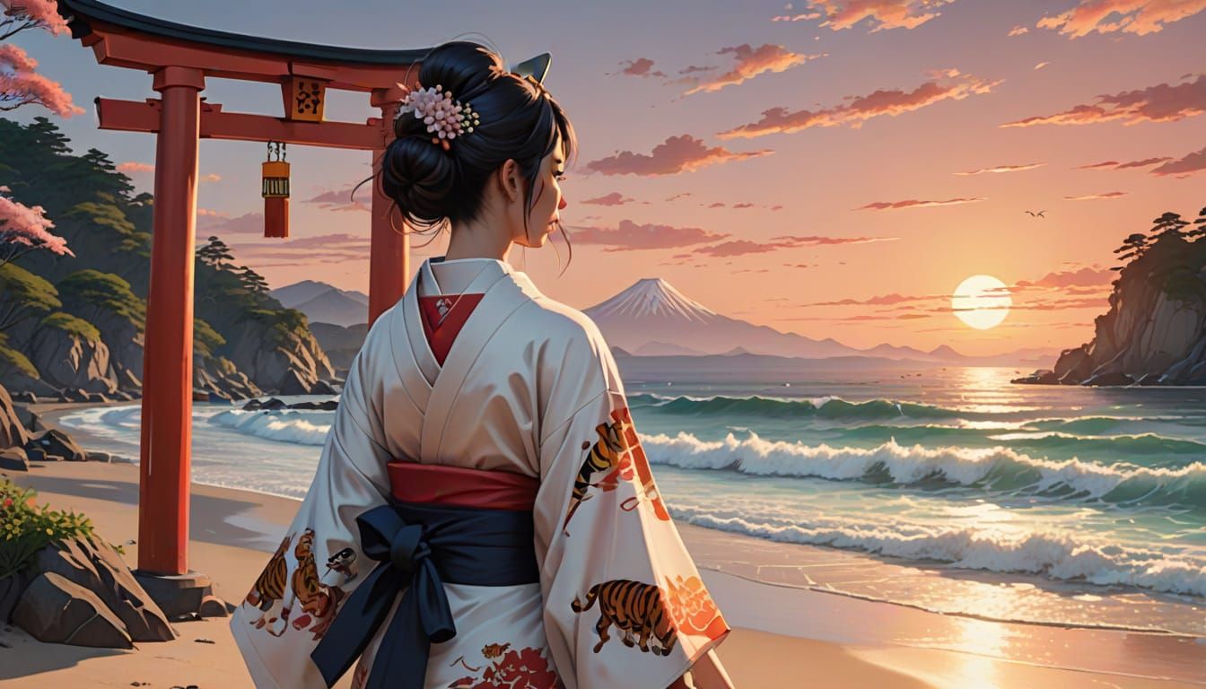 Japanese Woman in Kimono on Beach at Dusk