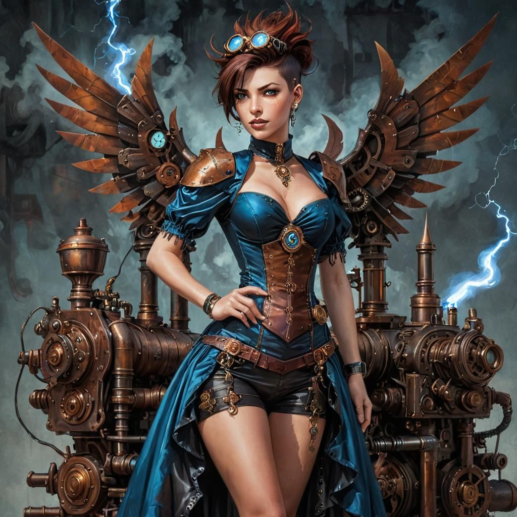 Copper Sorceress Unleashes Lightning: Graffiti Steampunk Art