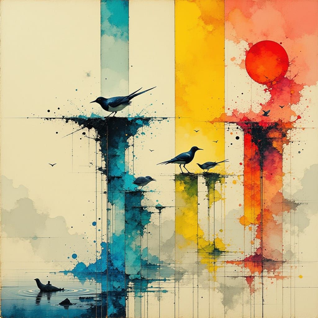 Four Waterbirds Expressing Emotions in Abstract Art
