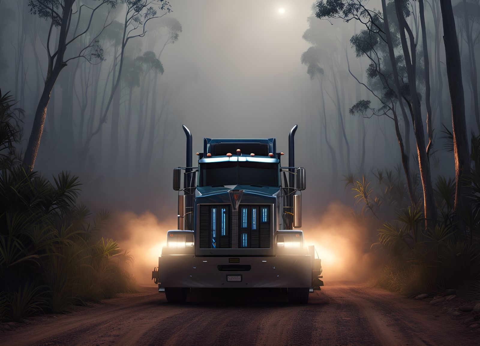 Front view of a Kenworth 900, on a dirt road through an australian eucalyptus forest at night, digital art, octane rende...