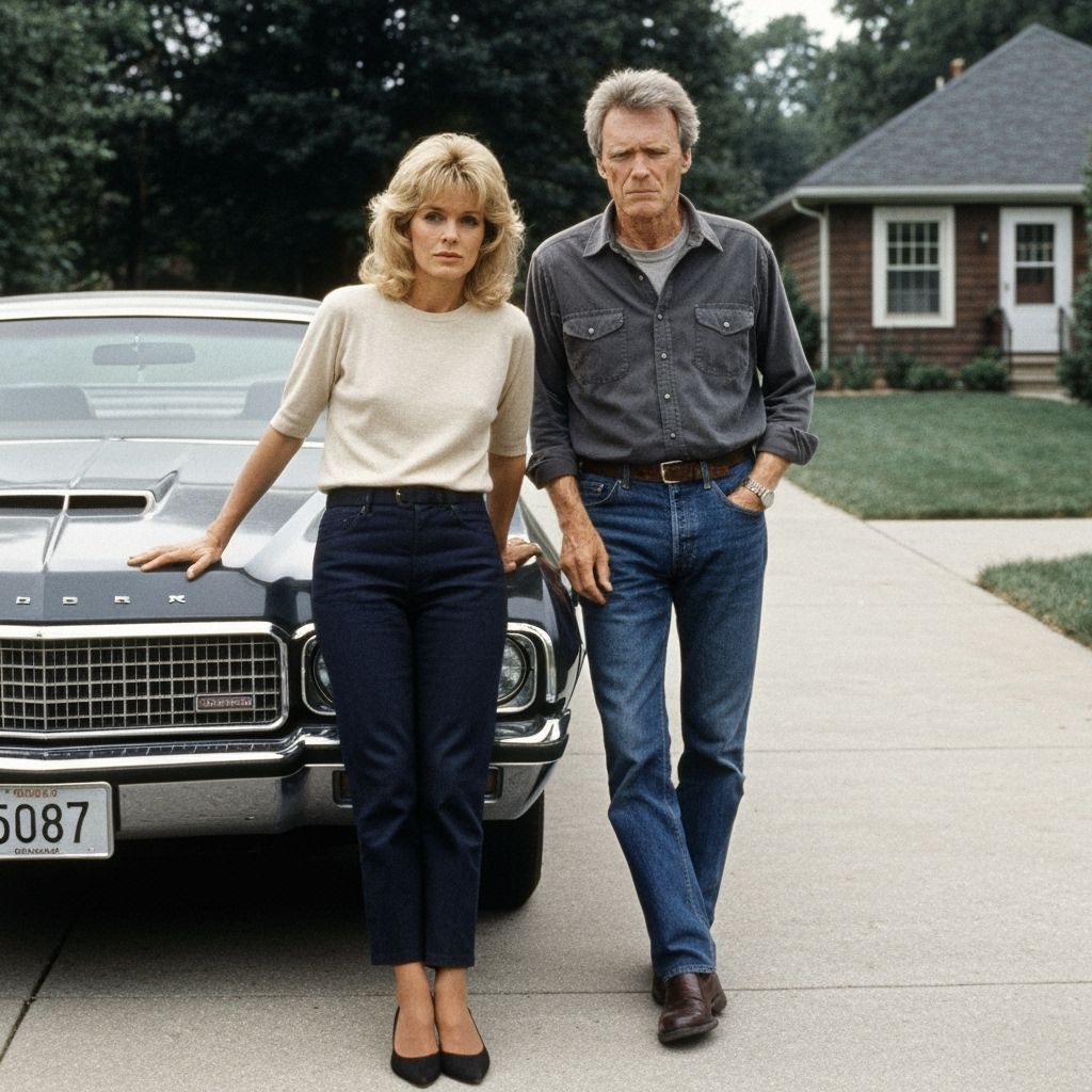 Claudia Cardinale leaning against the hood of a Ford Torino ...