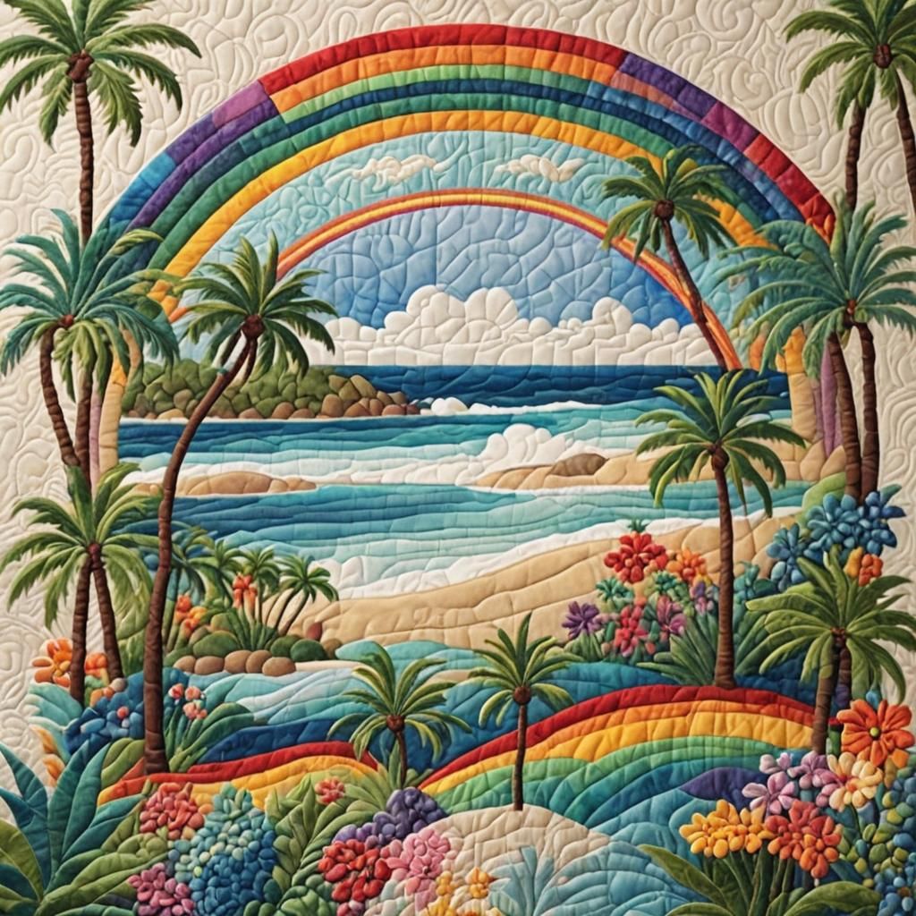Quilted Landscape with Rainbow Over Beach Scene