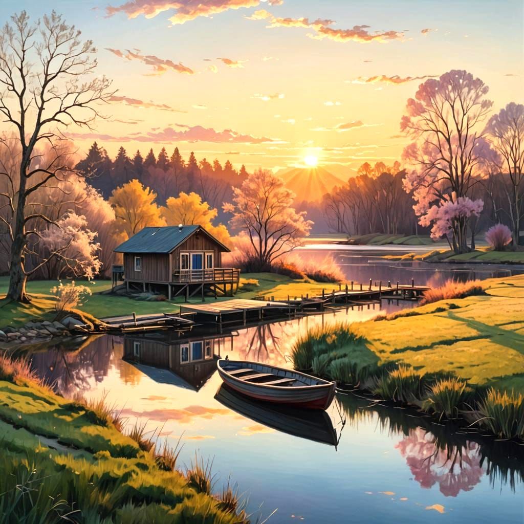 Photorealistic Sunset River Landscape with House and Bridge