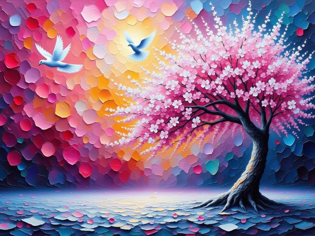 Cherry Blossom Tree in Impressionist Impasto Style