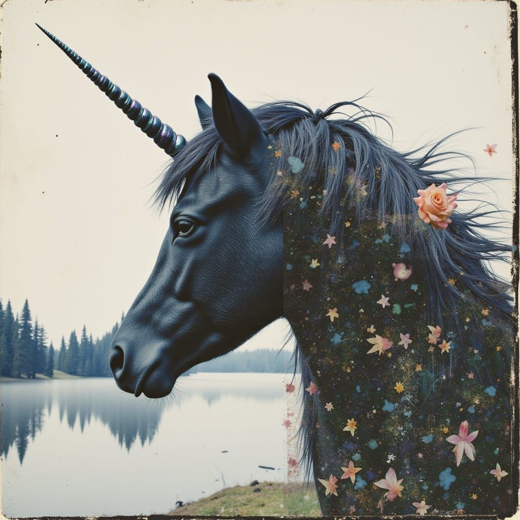 Surreal Double Exposure Unicorn in Mixed Media Collage