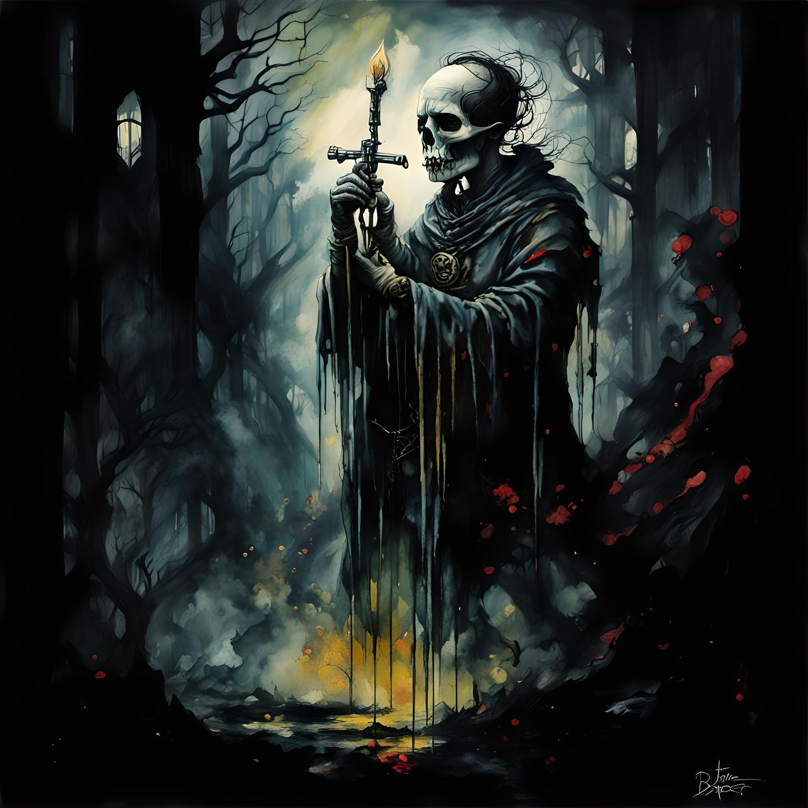 Ominous Gothic Horror Dreamscape in Mixed Media