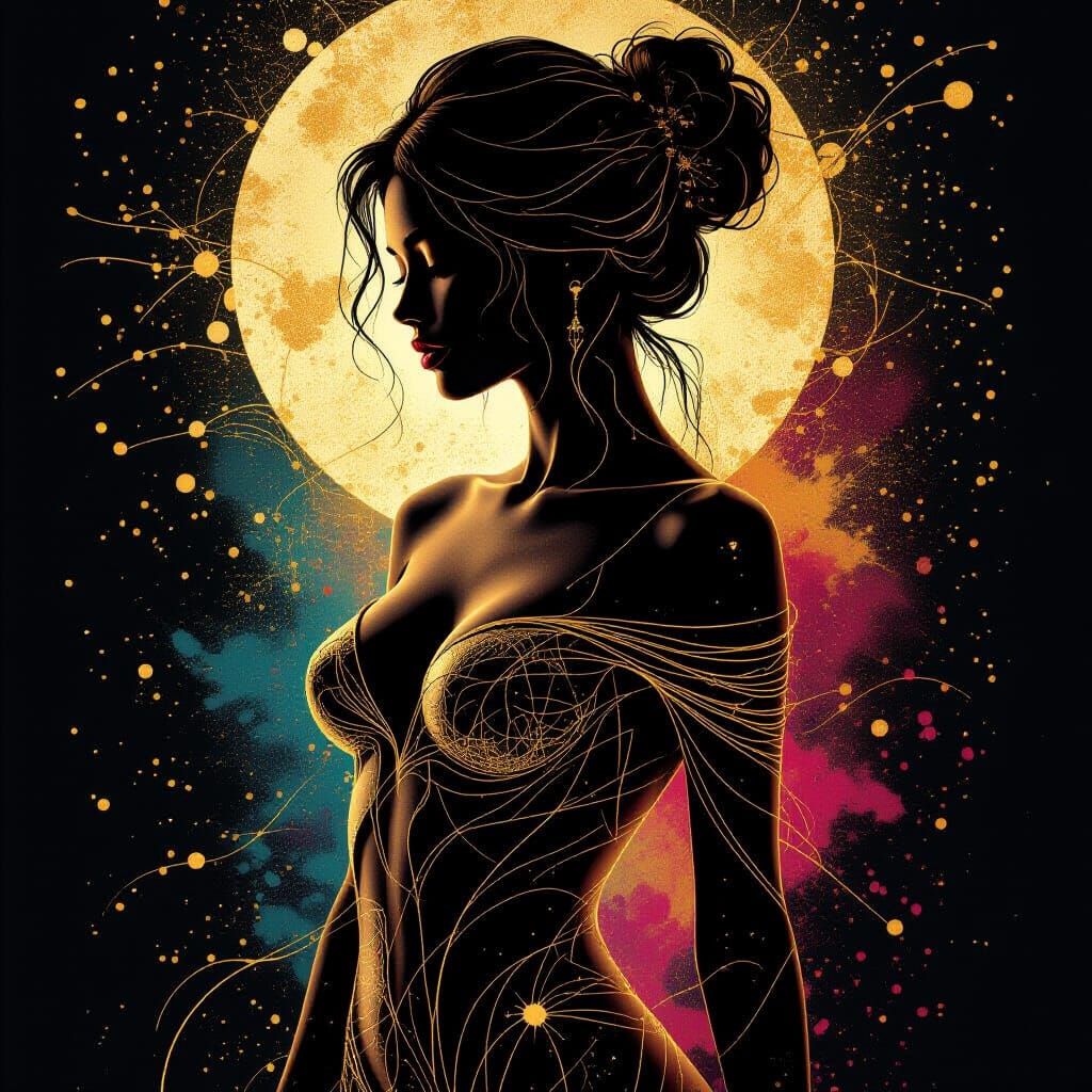 Female Silhouette in Golden Threads - Kintsugi Style Art